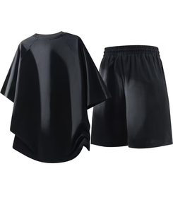 Men Solid Black Summer Crew Neck T-Shirt and Shorts Set Casual Knit Breathable Quick Dry 180g Polyester Cotton Outfit - Product Image 5