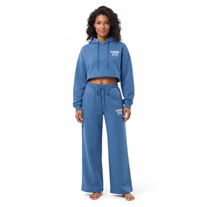Conjunto de sudadera con capucha de manga larga y hombros caídos de algodón y felpa para mujer, estilo streetwear, y pantalones jogger de pierna ancha. - Product Image 1