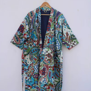 Bata Kimono de Algodón 100% Tejida con Estampado de Dibujos Animados para Mujer, Suave y Transpirable, Camisón de Verano Hecho a Mano, Cuello en V, Cintura Elástica Completa, ODM - Product Image 1