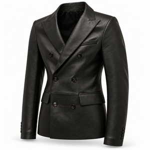 <b>Men's</b> Luxury Black <b>Leather</b> <b>Blazer</b> Double Breasted Tailored Fit Six Button Closure Peak Lapel Formal Wedding Suit Jacket Premium - Product Image 3