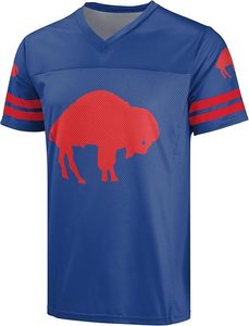 Maillot de football Lions bleu à col en V, manches courtes, avec logo et rayures blanches, 100 % polyester, séchage rapide, broderie machine, durable - Product Image 4