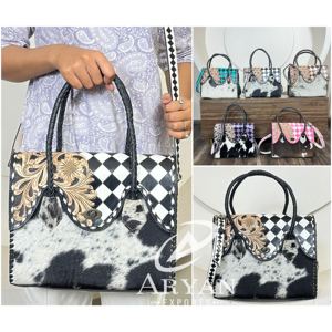 Nuevo bolso tote a cuadros de cuero genuino de vaca con diseño floral, elegante bolso de hombro y bandolera para mujer para uso diario. - Product Image 1