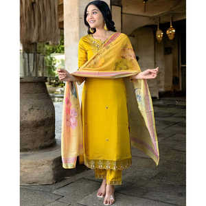Bhojal Fashion Designer Pakaian India & Pakistan Atasan & Celana Pesta Elegan dengan Dupatta Mewah Warna Kuning Ukuran <span class=keywords><strong>M</strong></span> - Product Image 4