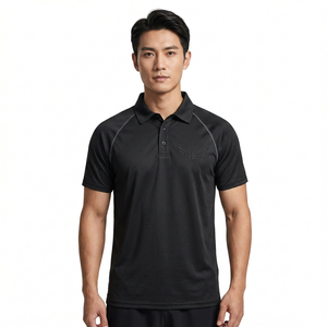 เสื้อโปโลแขนสั้นสีดำสำหรับผู้ชาย ปักโลโก้ ผ้าถักแห้งเร็ว สไตล์ลำลอง - Product Image 2