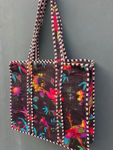 <b>Quilted</b> Cotton Bucket Tote Bag with Jungle Print and Floral Decoration Boho Style Unisex Large Capacity - Product Image 2