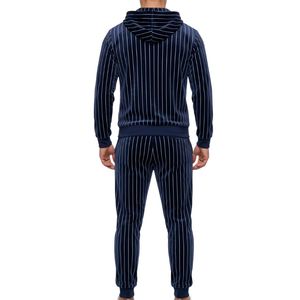 Survêtement en velours bleu marine anti-humidité avec sweat à capuche zippé, détails multi-poches, ensemble de sport assorti en velours, style utilitaire - Product Image 2