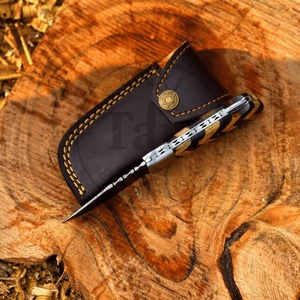 Premium Damascus Folding Knife Wood Handle <b>Drop</b> Point Blade EDC Pocket Hunting Leather Case Gift 3-Year Warranty TARJ ENTERPRISE - Product Image 5
