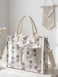 Sac fourre-tout côtelé à imprimé cœur avec poches avant, idéal pour le shopping quotidien et les voyages, sac de courses réutilisable - Product Image 3