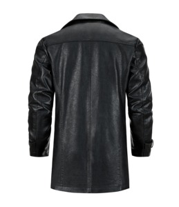 Blouson long en cuir noir pour homme, coupe ajustée, col rabattu, simple boutonnage, grande taille, style motard, hiver, anti-plis, en cuir de mouton - Product Image 6