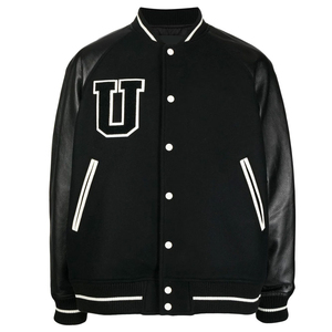 Veste varsity noire pour homme avec broderie U blanche, manches en cuir PU, fermeture à boutons, style preppy, col rabattu, pour l'automne - Product Image 1