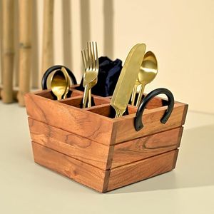Porte-ustensiles en bois de qualité supérieure en forme de bateau, organisateur à 5 compartiments avec poignée - Product Image 1