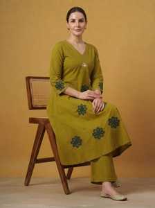 Ensemble pantalon et kurti traditionnel pour femme, en coton vert olive brodé, coupe droite, séchage rapide, longueur genou, tenue décontractée, Inde - Product Image 3