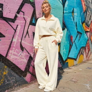 Ensemble survêtement décontracté pour femme : sweat-shirt mi-zippé couleur unie et pantalon large assorti, coupe ample, manches longues, tenue de printemps - Product Image 6