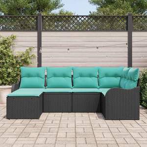 Ensemble de canapé de jardin en polyrotin noir, 6 pièces, avec coussins turquoise, meubles d'extérieur, design contemporain, imperméable - Product Image 3