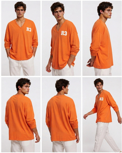T-shirt à manches longues pour homme, col en V, avec impression de logo personnalisé, coupe ample décontractée, t-shirt en coton, style streetwear, t-shirt surdimensionné pour homme - Product Image 6