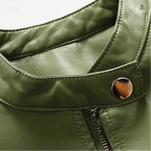 Veste de moto en simili cuir vert pour femme AIFRAN SPORTS, col montant, fermeture éclair, longueur courte, doublure en coton soyeux, hiver - Product Image 3