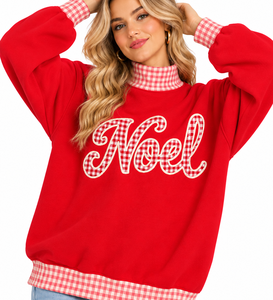 Wholesale OEM <b>Women's</b> <b>Christmas</b> Mock Neck <b>Sweatshirt</b> Red Cotton Fleece Oversized Drop Shoulder Red Gingham Trim Embroidered - Product Image 5