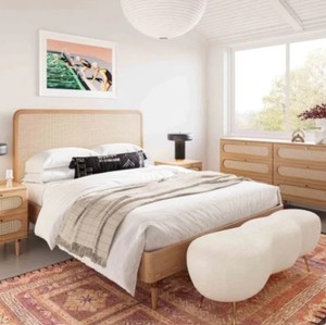 Modern Rattan Headboard <b>Bed</b> <b>Frame</b> Wooden Bedstead Black and Natural Panel <b>Bed</b> for Hotel Home Bedroom - Product Image 1