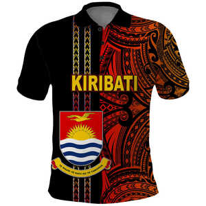 Polo à manches courtes pour homme, imprimé polynésien Kiribati, décontracté, 100% polyester tissé, coupe classique, avec logo emblème national sur le devant - Product Image 1