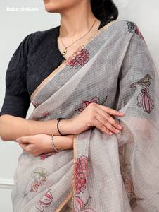Hermoso Saree Kota Doria con Tejido Checks-Zari y Estampado Digital Floral - Colección de Blusas Listas para Usar Lucknowi - Exportador Indio - Product Image 6