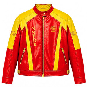 เสื้อแจ็คเก็ตหนัง PU แบบ Varsity ของชมรม NSPDK สีแดงและเหลือง พิมพ์ตัวอักษร 1923 แขนยาว ซิปแบบเต็มตัว สไตล์ลำลอง เสื้อแจ็คเก็ตสำหรับผู้หญิง - Product Image 1