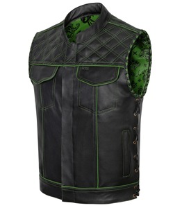 Gilet de motard en cuir noir pour homme, doublure paisley verte, fermeture éclair matelassée, col montant, style moto, vêtement d'extérieur - Product Image 3