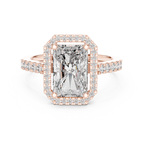 Anillo de compromiso de oro rosa con moissanita y halo, corte esmeralda, banda pavé, joyería de boda para mujer, halo de diamantes de oro rosa con corte radiante - Product Image 4