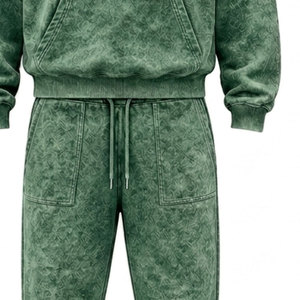 Conjunto Deportivo para Hombre, Verde, Lavado Ácido, 100% Algodón, 480 gsm, Alta Calidad, con Pedrería, Pantalones Largos con Cordón Ajustable, Ropa Casual - Product Image 2