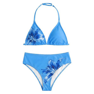 Conjunto de bikini de alta calidad con estampado floral morado, traje de baño triangular, ropa de playa, traje de baño de dos piezas para mujer, top corto fruncido. - Product Image 6