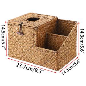 High Quality Seagrass Tissue Box Holder with Side Organizer Vintage Style <b>Square</b> Shape for Tableware Bathroom Home Office - Product Image 5