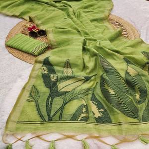 VASTRA COTTAGE Saree de Algodón Ghicha Premium con Pallu de Hoja de Resham, Borde con Tejido Zari Integral, Butti y Blusa a Juego - Product Image 2