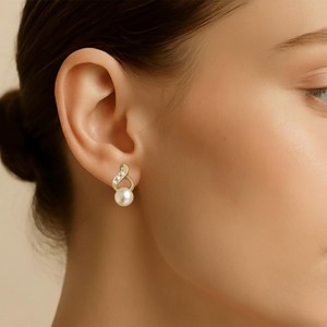 Freshwater Pearl & Diamond Swirl <b>Drop</b> Earrings in 14K Yellow Gold Elegant Lab Grown Diamond Fashion <b>Drop</b> Lever <b>back</b> Earrings - Product Image 5