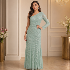 Mint Green <b>Sequin</b> Evening Gown Women One Shoulder Long Sleeve Embellished Maxi Dress Elegant Wedding Prom Party Formal Occasion - Product Image 4