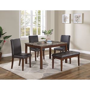 Classic Stylish Espresso Finish 5pc Dining <b>Set</b> Faux Marble Top <b>Table</b> <b>Bench</b> 3x Chairs Faux Leather Cushions for Kitchen Dinette - Product Image 1