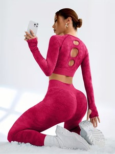 Seamless Two Piece Fitness Outfit Thumbhole Performance Shirt and High Rise Ruched <b>Booty</b> Lifting Compression Workout Tights - Product Image 3