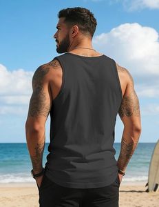 Débardeur noir pour homme, col rond, imprimé palmiers, décontracté, respirant, tricoté, couleur unie - Product Image 6