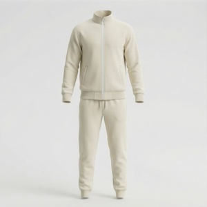 Unisex Cream Cotton Tracksuit Full <b>Zip</b> Stand Collar Casual Solid Color <b>Joggers</b> With Side <b>Pockets</b> Autumn Wear - Product Image 1