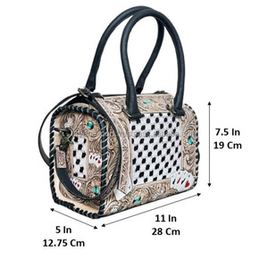 March Expo Hand Tooled Cow <b>Leather</b> Speedy <b>Bag</b> With Black & White Checkered Floral Carving & Card Design Shoulder <b>Bag</b> for <b>Women</b> - Product Image 2