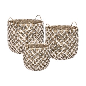 Natural Water Hyacinth Storage Baskets Set of 3 Woven Laundry <b>Hamper</b> with Handle Boho Decorative Toy Organizer Home Organization - Product Image 1