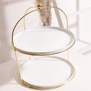 Elegant <b>White</b> and Gold Metal 2-Tier <b>Cake</b> <b>Stand</b> Snack Platter for Home Decor Metal <b>Cake</b> <b>Stand</b> - Product Image 1