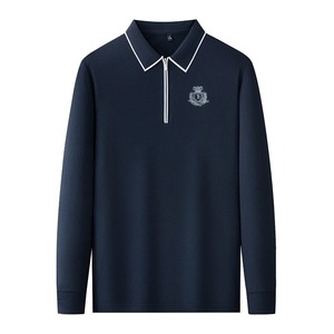 Men Designer <b>Polo</b> Shirt Long Sleeve Zip Front Embroidered <b>White</b> Trim Spring Autumn Casual Fashion Wear - Product Image 3