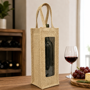 Sac cadeau pour bouteille de vin en jute naturel laminé avec logo personnalisé et fenêtre transparente en PVC, vente en gros, OEM, ODM, fabricant de marques privées - Product Image 4