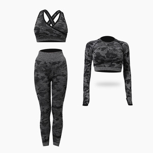 Women's 3-Piece Yoga Set High Waist <b>Leggings</b> <b>Crop</b> Top Sport Bra Full Length Breathable Activewear Workout Clothing - Product Image 1