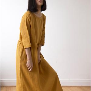 Robe longue élégante jaune moutarde pour femmes, col rond, coupe ample, avec ourlet à volants, robe midi décontractée - Product Image 2