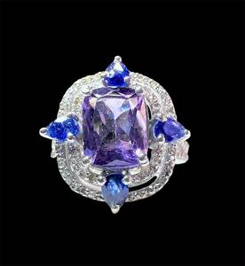 Natural Amethyst And Blue Sapphire Gemstones With Single Cut Diamond 925 Sterling <b>Silver</b> <b>Ring</b> - Product Image 2