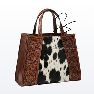 Handmade Tooled Leather Cowhide <b>Tote</b> Bag for Women Western Floral Hair On Leather Shoulder Handbag - Product Image 2