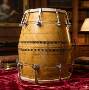 Dholak en bois poli avec plaques décoratives en laiton, cordes de réglage tressées dorées et pompons noirs, à prix de gros. - Product Image 1