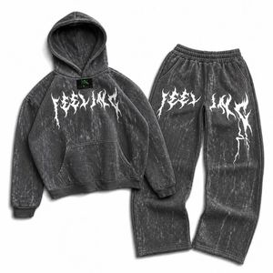 Custom <b>Men</b> Acid Wash <b>Gothic</b> Print Pullover Hoodie Sweatpants Set 2 Piece Winter Streetwear Hip Hop Fleece Tracksuit <b>Clothes</b> - Product Image 6