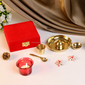 Pure Brass Pooja Bhog Thali Set Klein | Größe-4 Zoll (Set mit 5 Pooja-Artikeln) (MIT GESCHENK KASTEN) Für Zuhause und Büro Diwali Dekor - Product Image 2