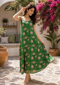 Robe midi vintage à imprimé floral en coton 100% pour femmes, taille naturelle, bretelles spaghetti |   Silhouette évasée respirante et écologique - Product Image 3